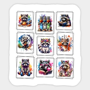 Raccoons Colorful Postage Stamp Array style watercolor design Sticker